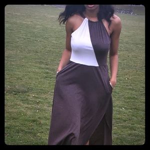 White and brown halter maxi dress