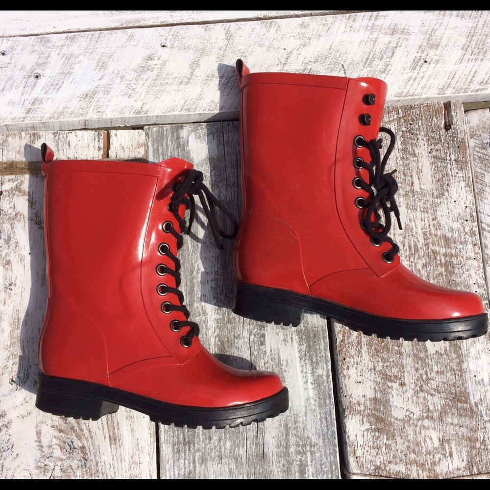 Red calf height rain boots