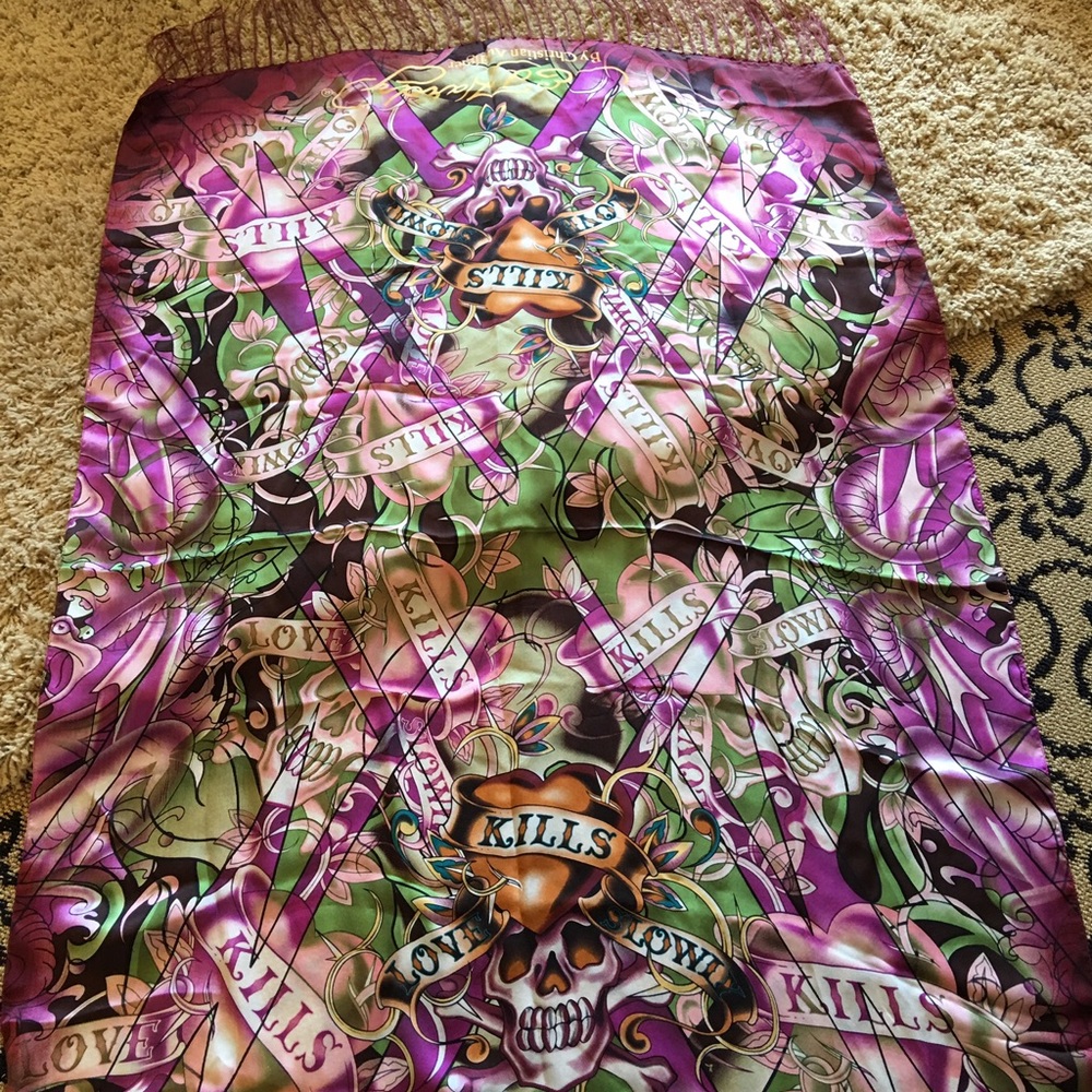 Ed Hardy 💯percent Silk fringe scarf large scarf