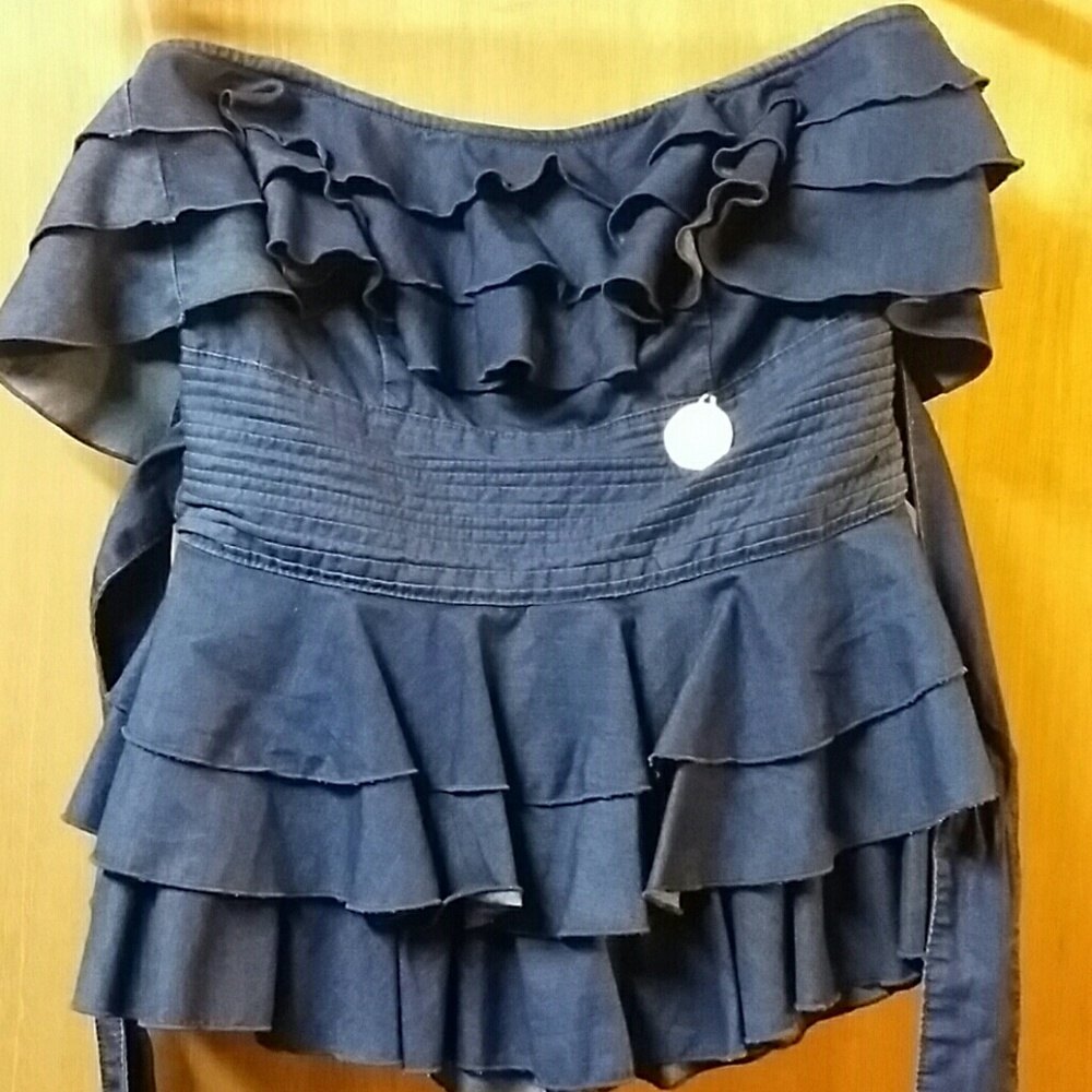 Apple bottom denim strapless ruffle top
