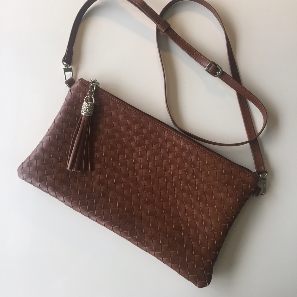 Cognac Leather Basketweave Crossbody bag/Clutch