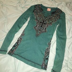 Vocal Long Sleeve Top Rhinestone Cross Biker Teal