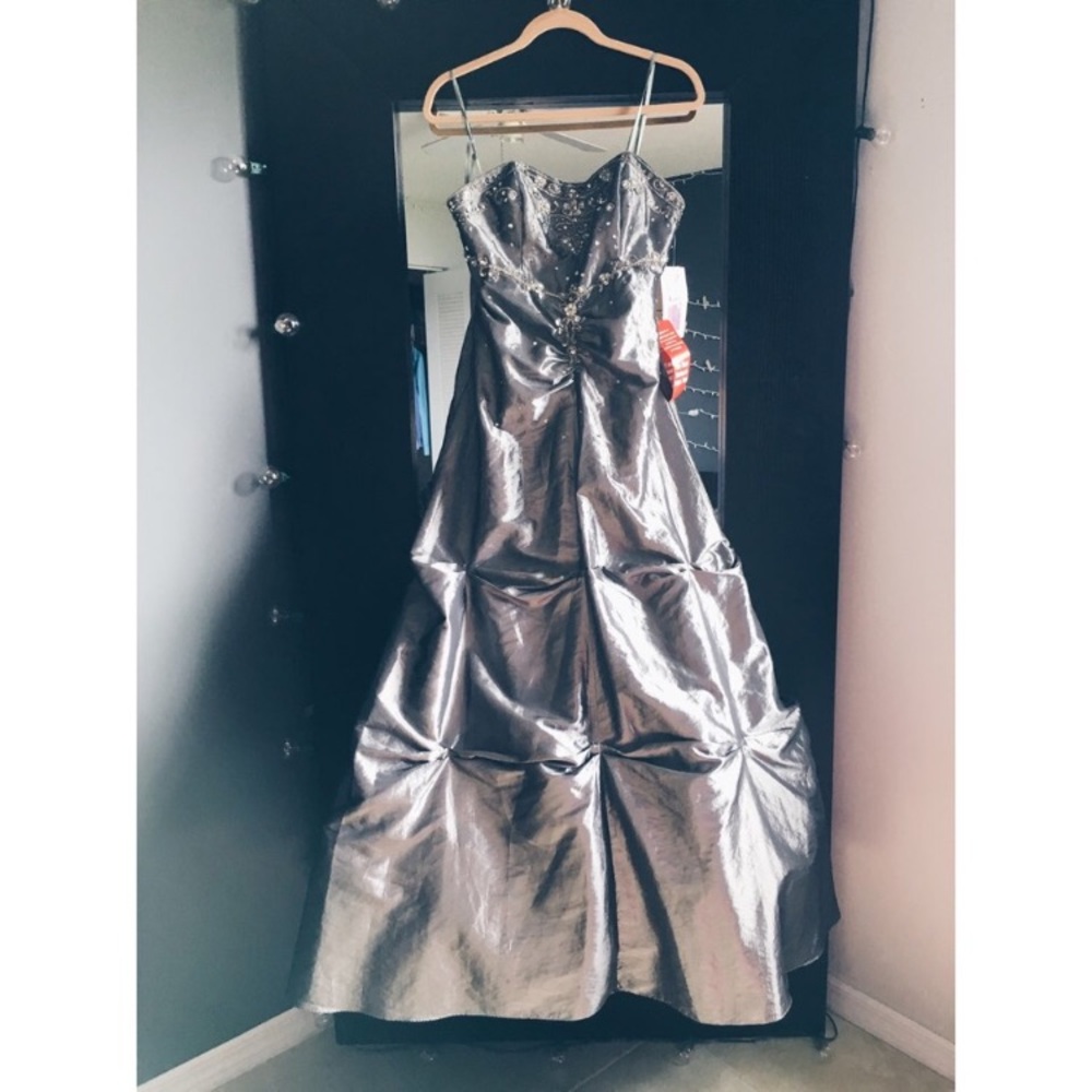 Beaded sliver / grey long prom dress