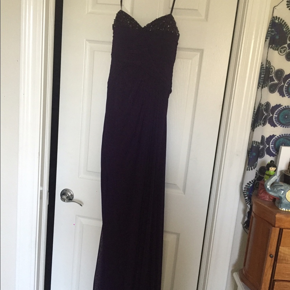 Plum purple strapless prom dress