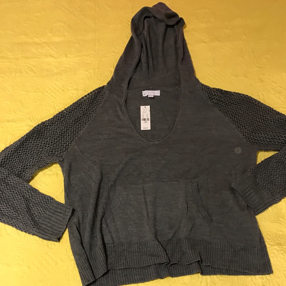 New! Knit Hoodie w/ Crochet Sleeves - Grey - Large