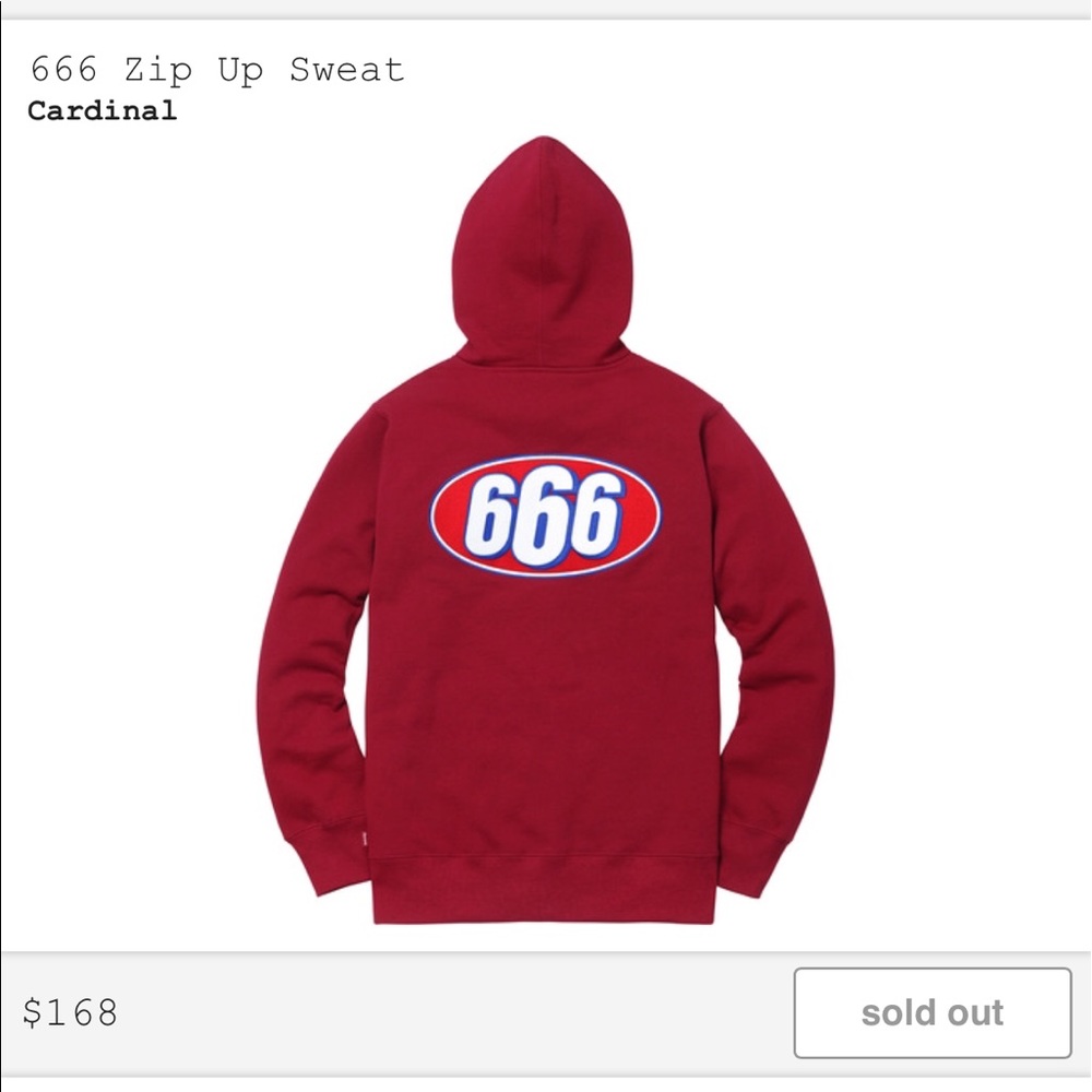 Red supreme zip up 666 logo on back