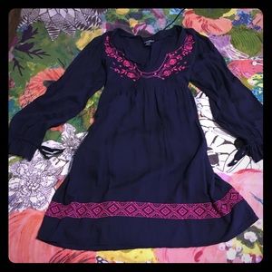 Navy shirt dress with pink flower embroidery