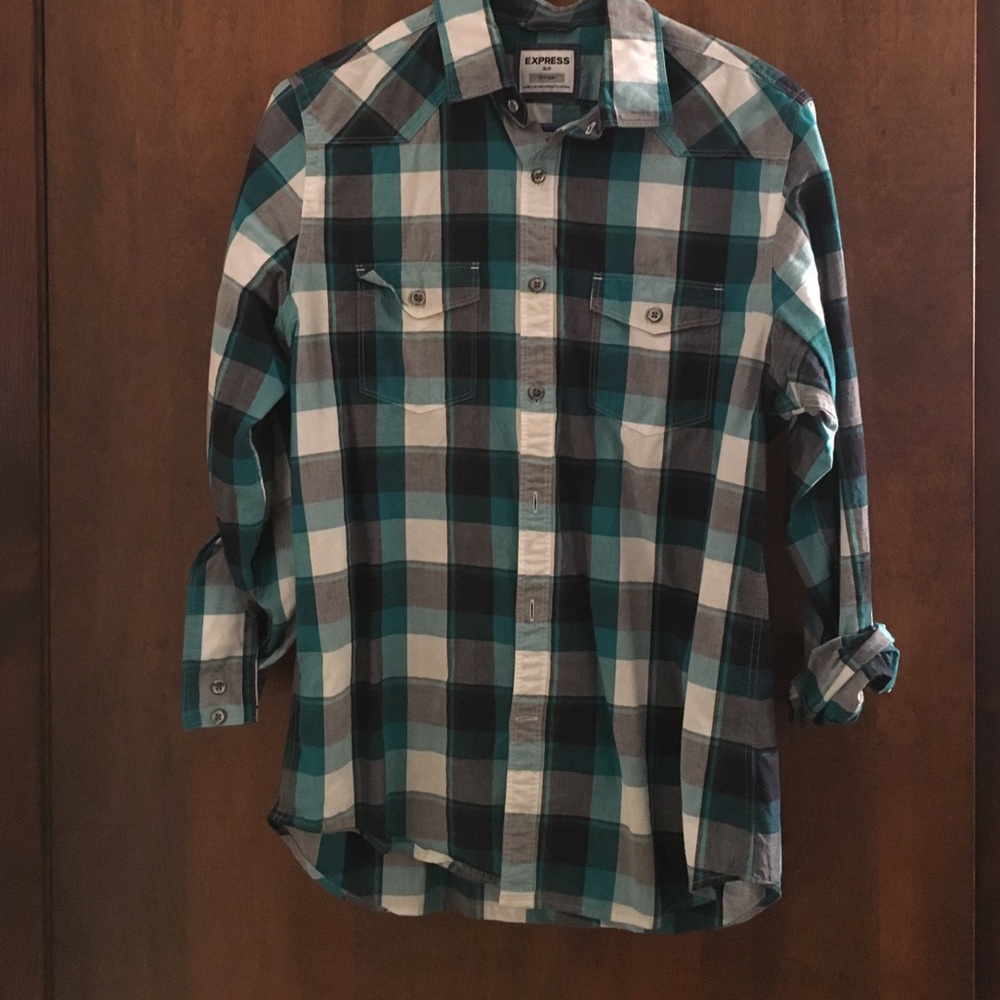 Teal and black plaid Button Down from Express