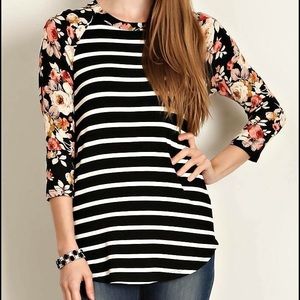 Black Stripe/Floral Print Sleeves Jersey Top