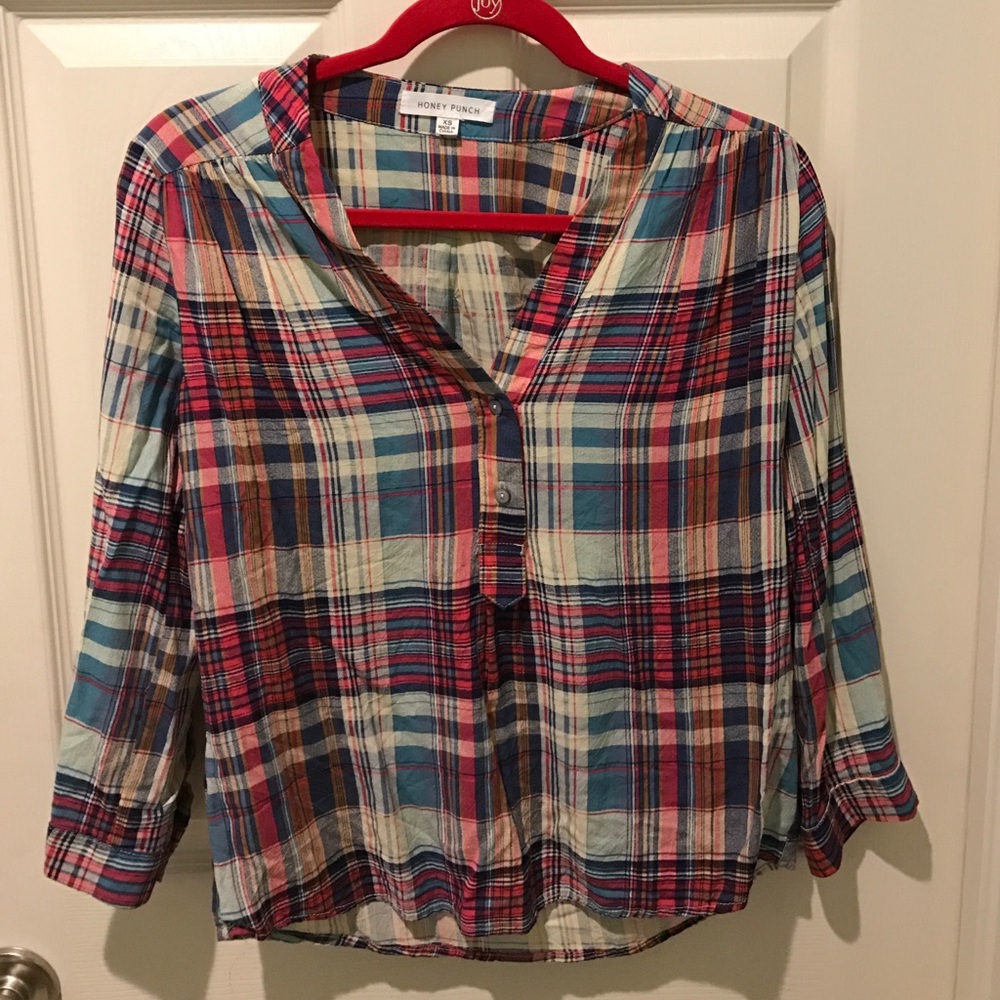 Honey Punch XS Plaid Blouse NWOT