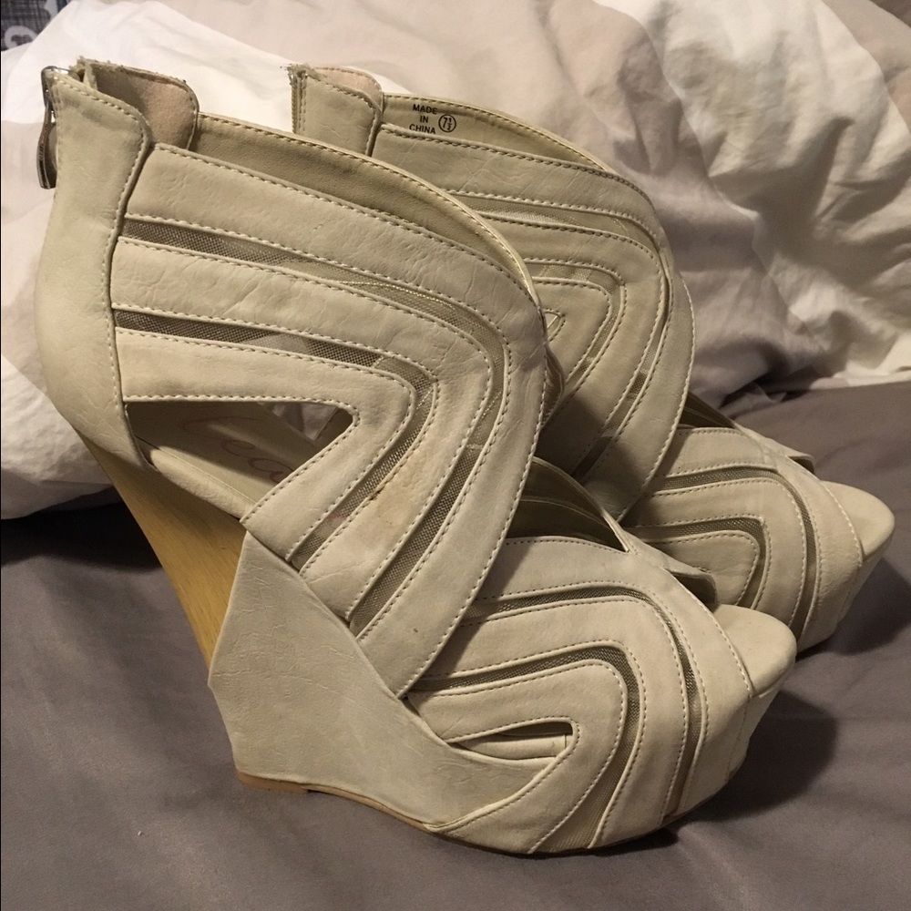 Nude suede cutout wedges