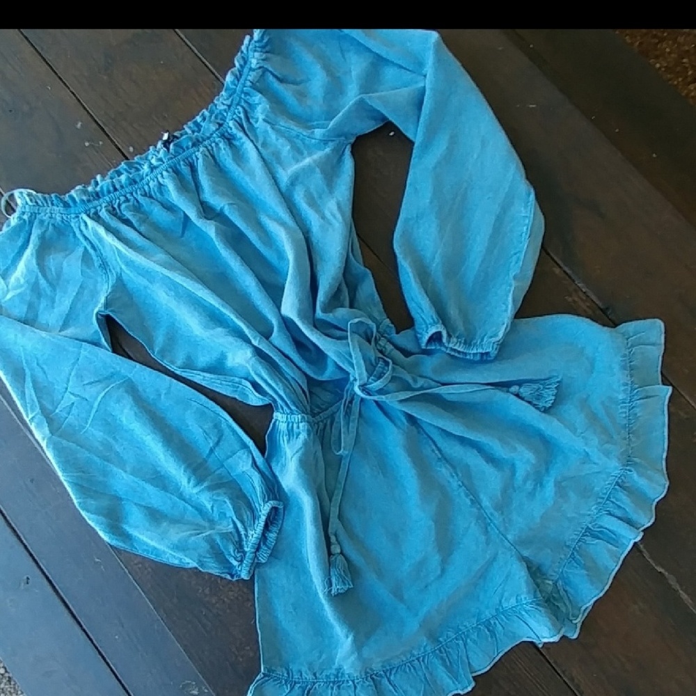 Chambray jumpsuit romper off the shoulder - Picture 2 of 6