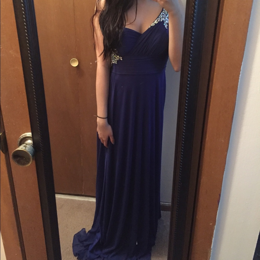 Navy Blue Beaded One Shoulder Prom Dress