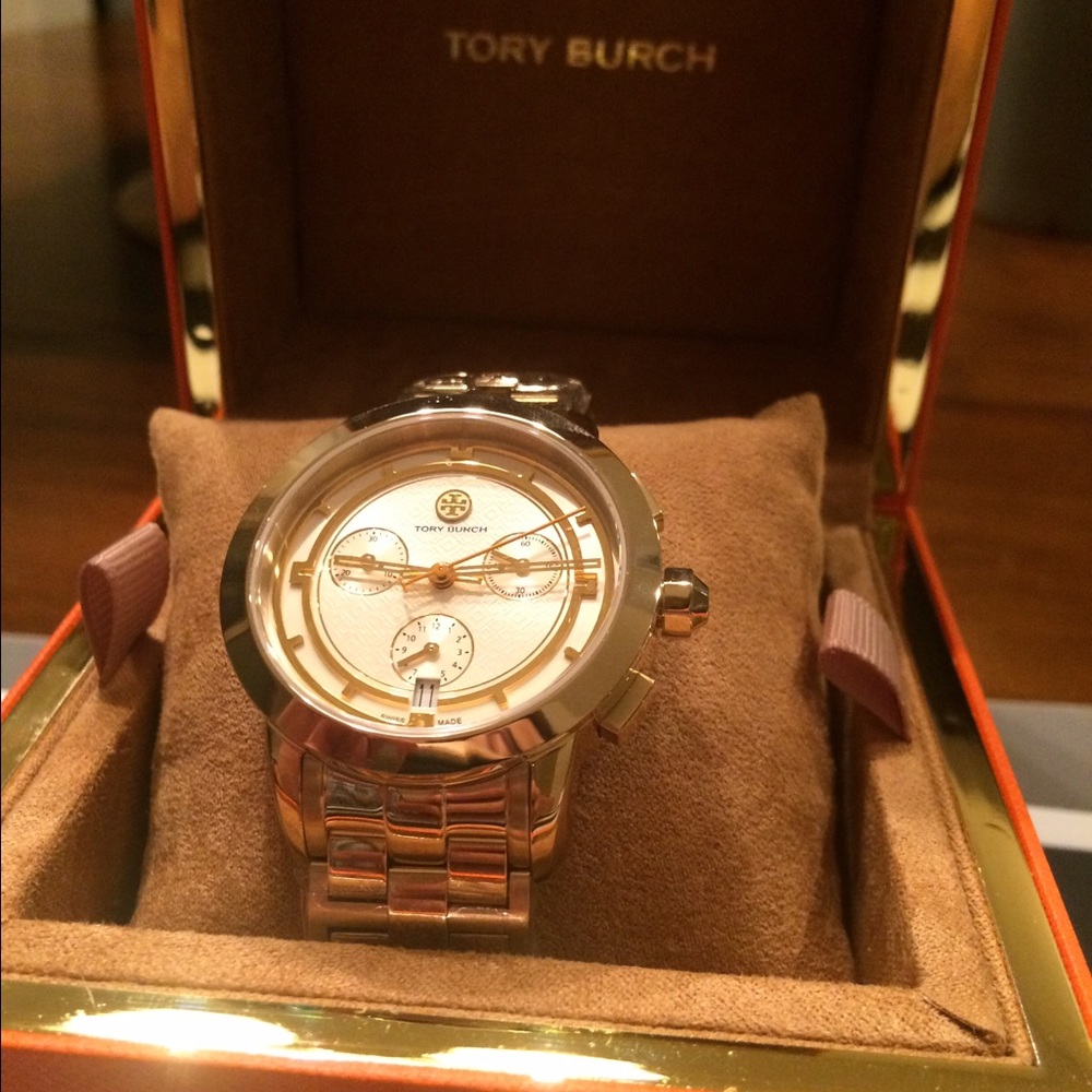 TORY WATCH, GOLD-TONE/IVORY CHRONOGRAPH, 37 MM