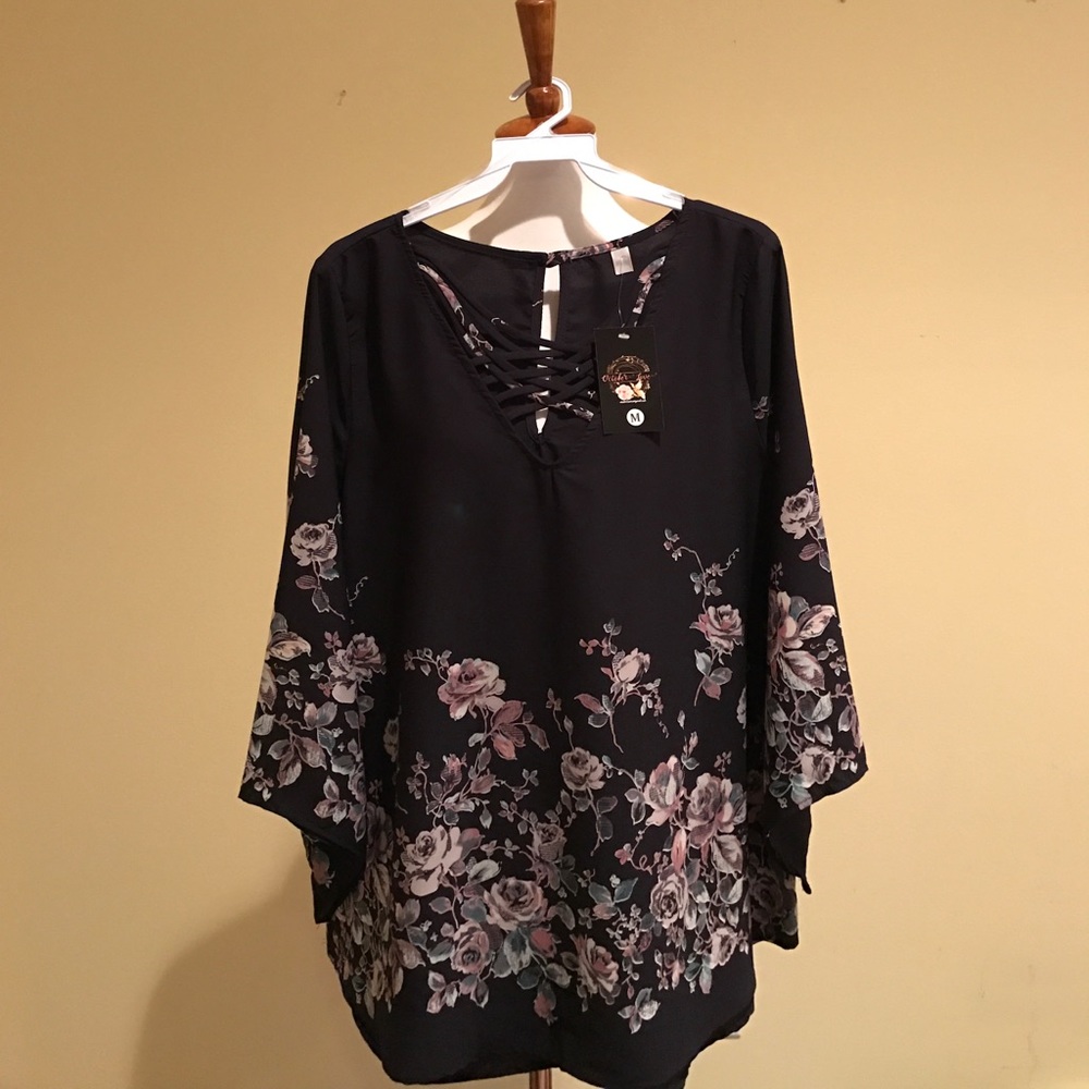 HPSALE Blue Floral Blouse Criss Cross Neckline - Picture 7 of 7