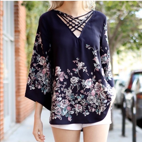 HPSALE Blue Floral Blouse Criss Cross Neckline - Picture 2 of 7