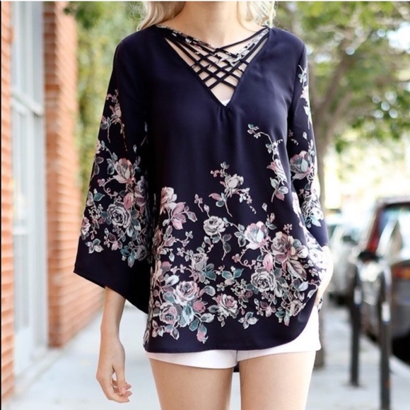 HPSALE Blue Floral Blouse Criss Cross Neckline - Picture 4 of 7