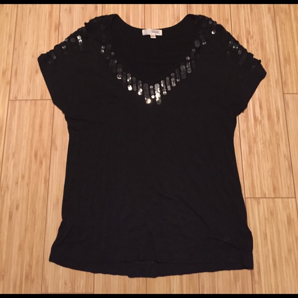 Black Short Sleeve Black Top with neckline sequins
