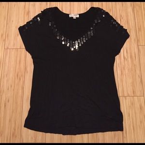 Black Short Sleeve Black Top with neckline sequins