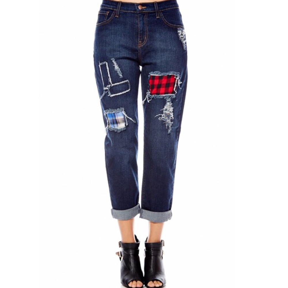 Plaid patch boyfriend pants