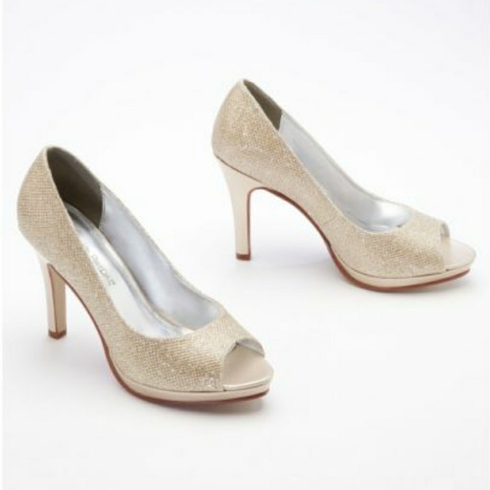 David's Bridal Rochelle Gold Peep Toe Heels