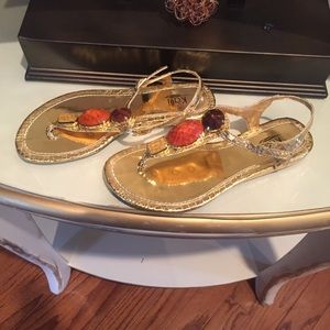 Beautiful Gold Sandals With Colored Aztec Stones