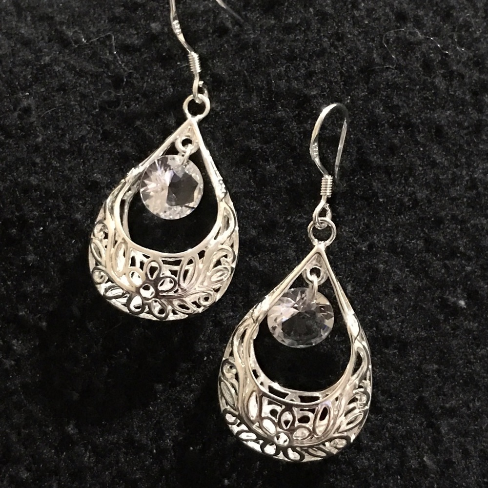 Silver filigree and crystal pierced earrings NIB