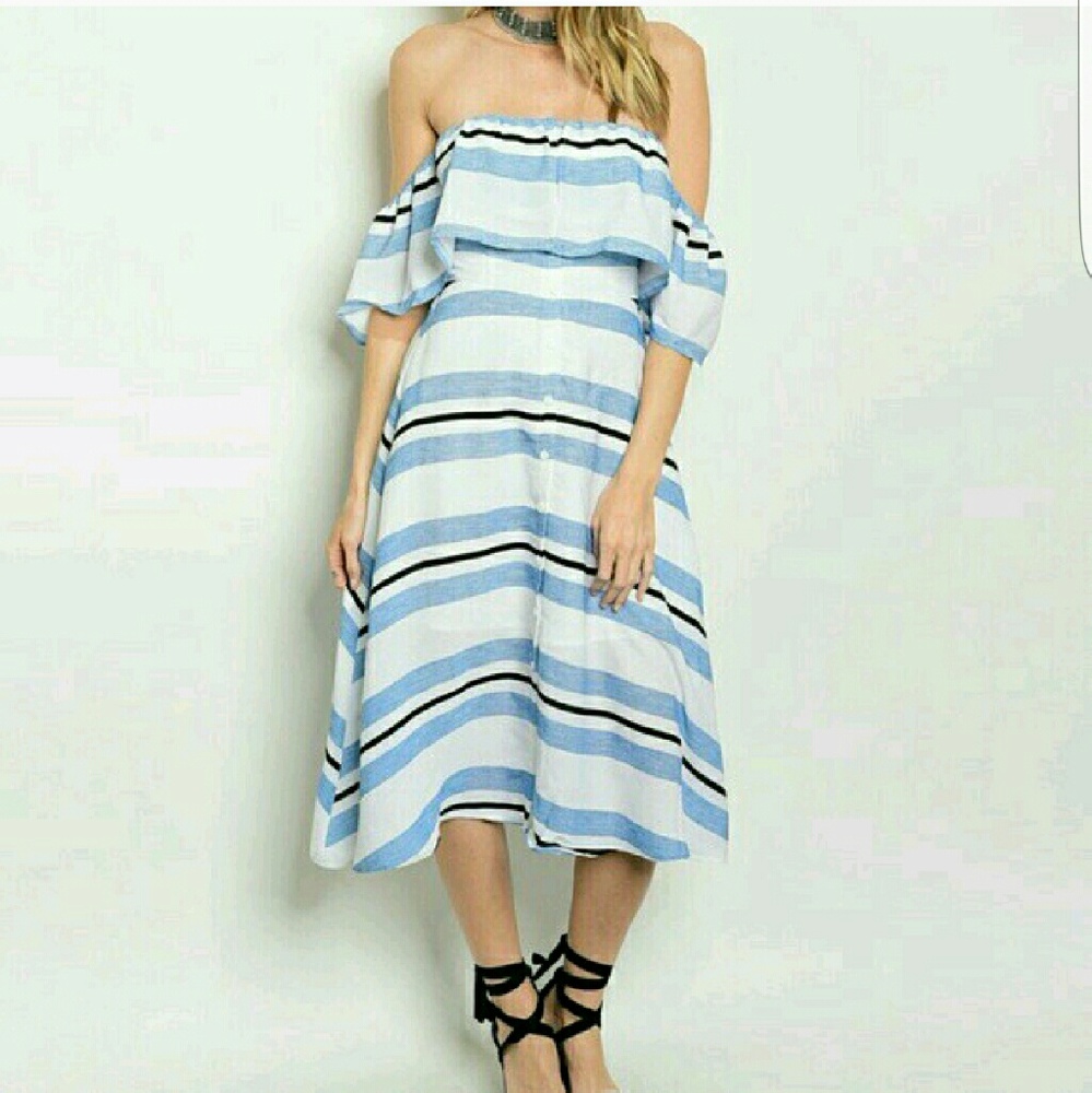 Blue/White Stripe Off Shoulder Dress