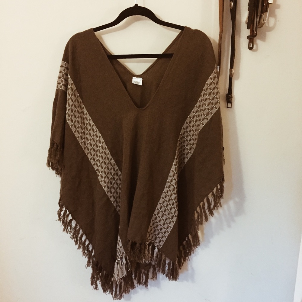 Olive Green Gray Fringe Knit Poncho