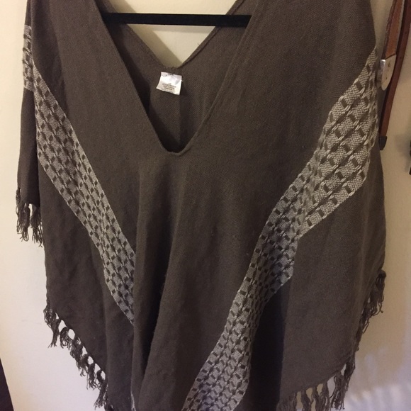 Olive Green Gray Fringe Knit Poncho - Picture 2 of 4
