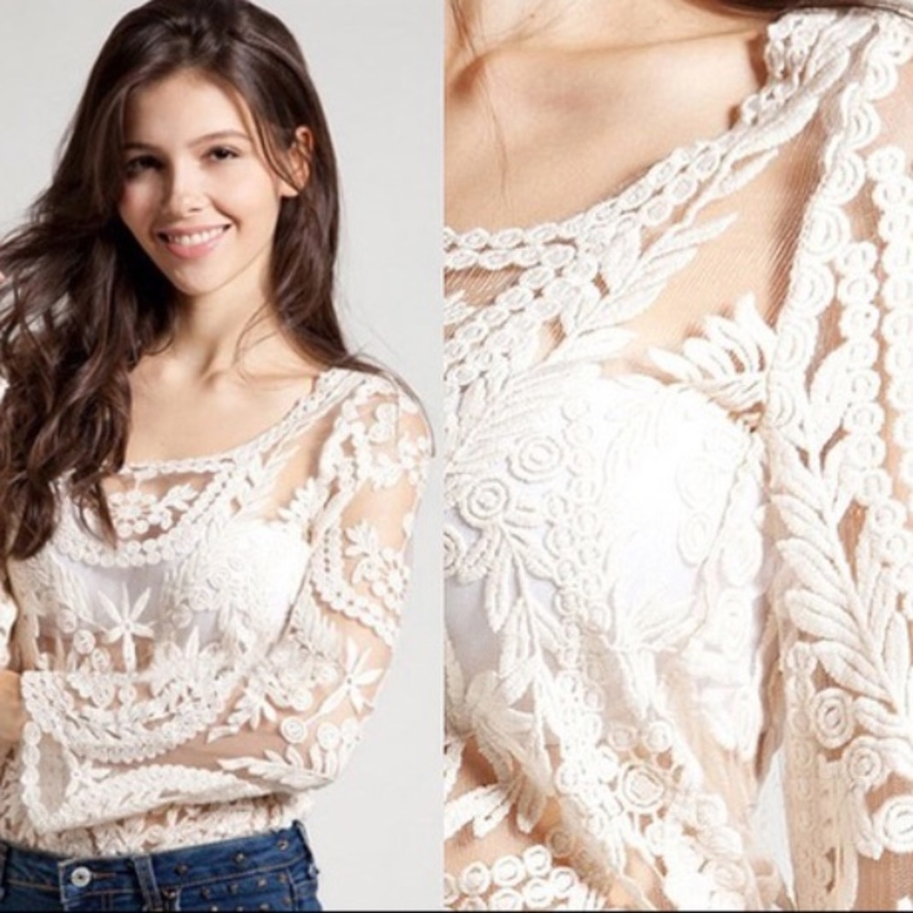 Sheer crochet lace long bell sleeve top