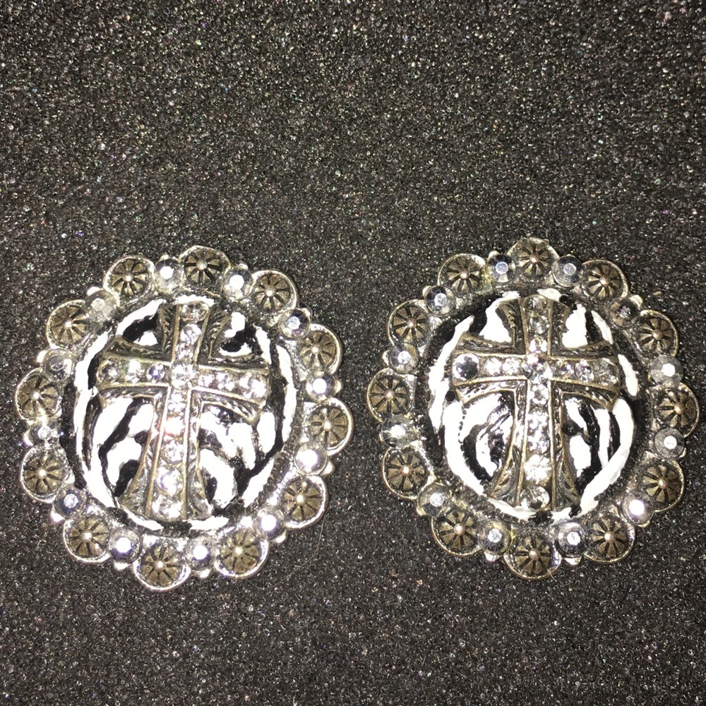 Cross statement earrings zebra print & bling