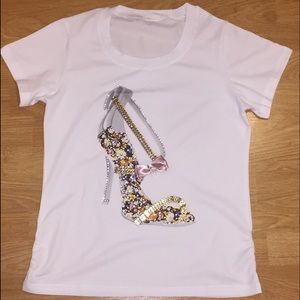 Embellished top with bling shoe, like Kate spade.