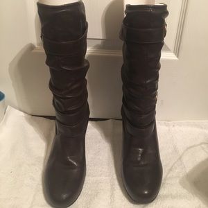 Chocolate brown buckled heeled boots