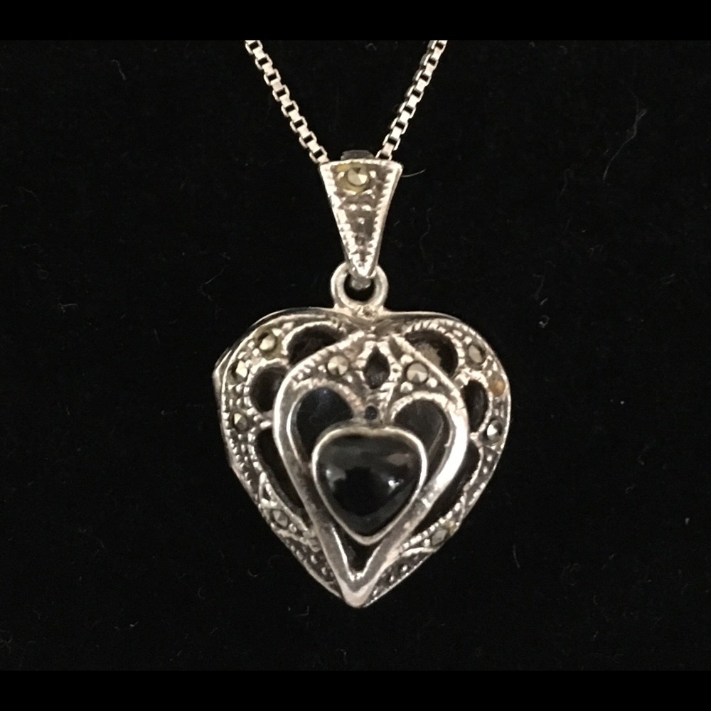 Silver Heart Locket with Black Onyx & Marcasite