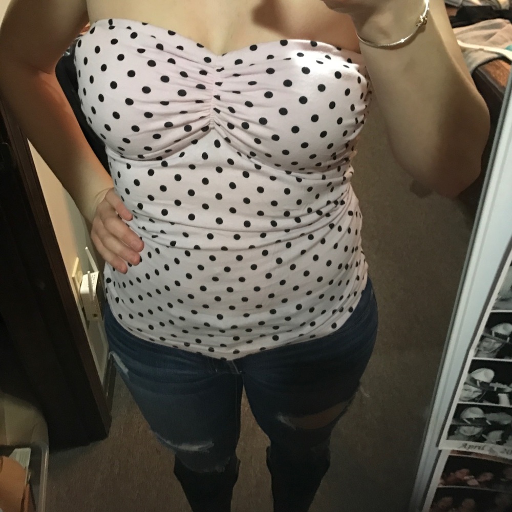 Light pink and black polka dot shirt