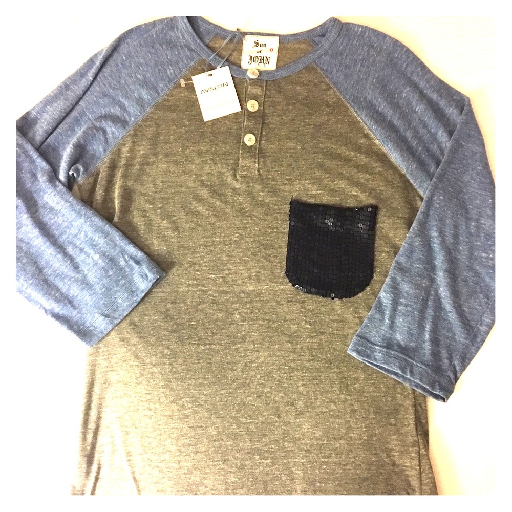 Son of John t-shirt, sequined pocket, 3/4 sleeve