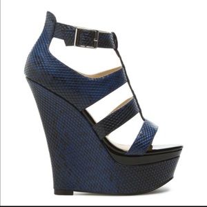 Navy Blue snakeskin wedge sandals w/patent leather