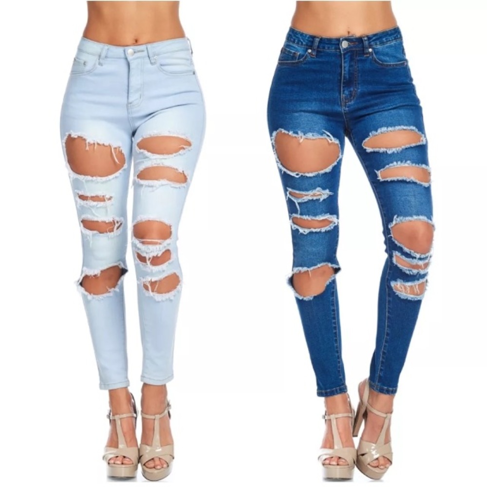 Plus High Waist Skinny Jeans Destroyed Ripped New - Picture 4 of 4