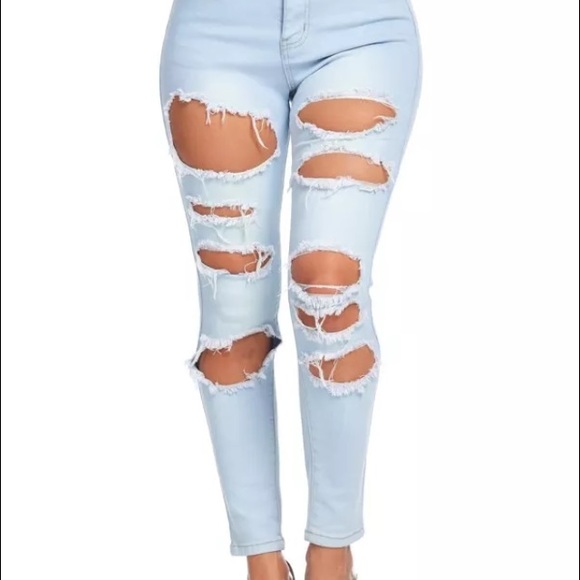 Plus High Waist Skinny Jeans Destroyed Ripped New - Picture 2 of 4