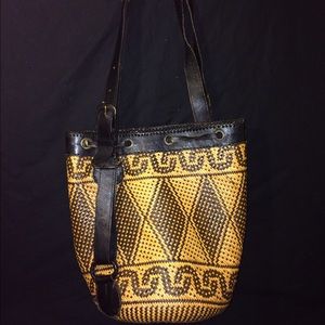 Rattan and Leather Tribal Bucket Bag