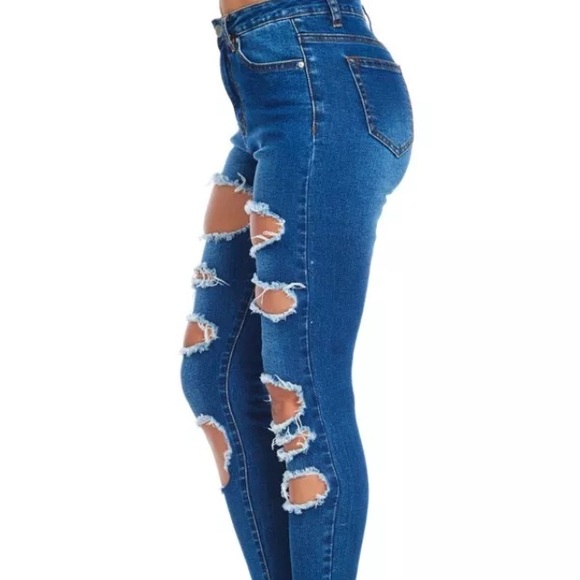Plus High Waist Skinny Jeans Destroyed Ripped New - Picture 2 of 3