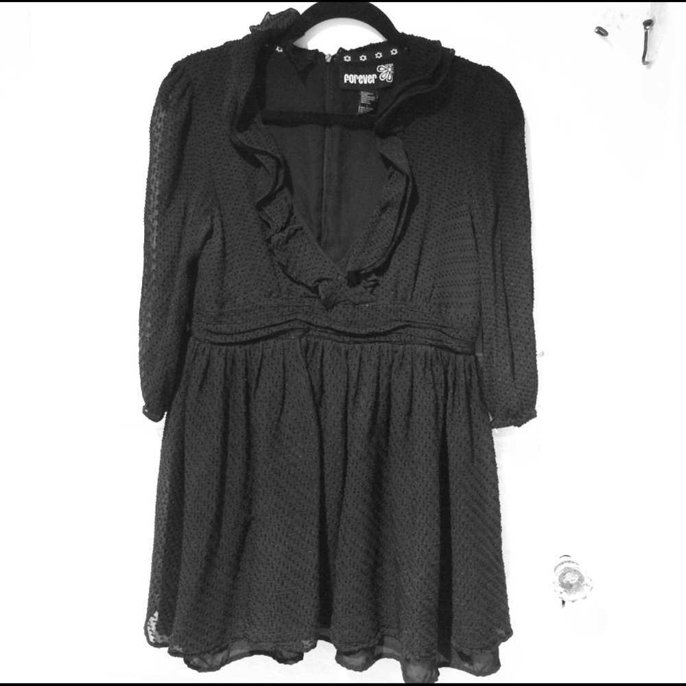 Sheer black ruffle V neck dress