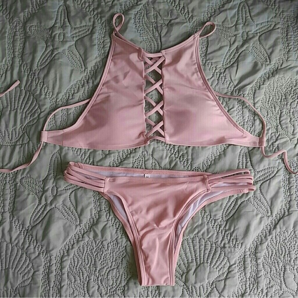 Other - Strappy pink pearl bikini set high neck cheeky