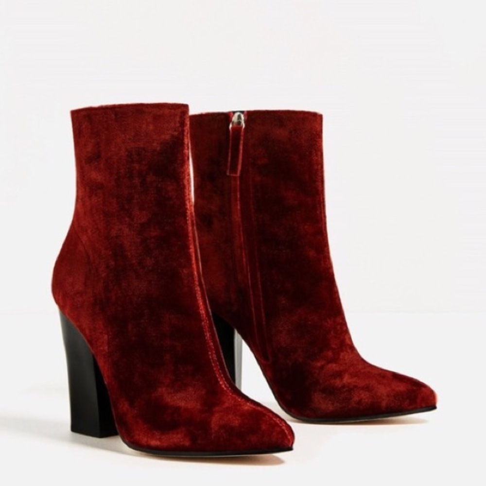 Burnt Orange Velvet Ankle Chunky Heel Zip Boots