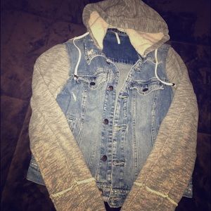 Free People knit hooded denim jacket.