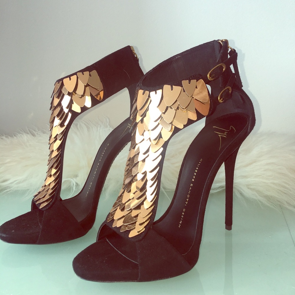Giuseppe Zanotti suede heels w/gold embellishments