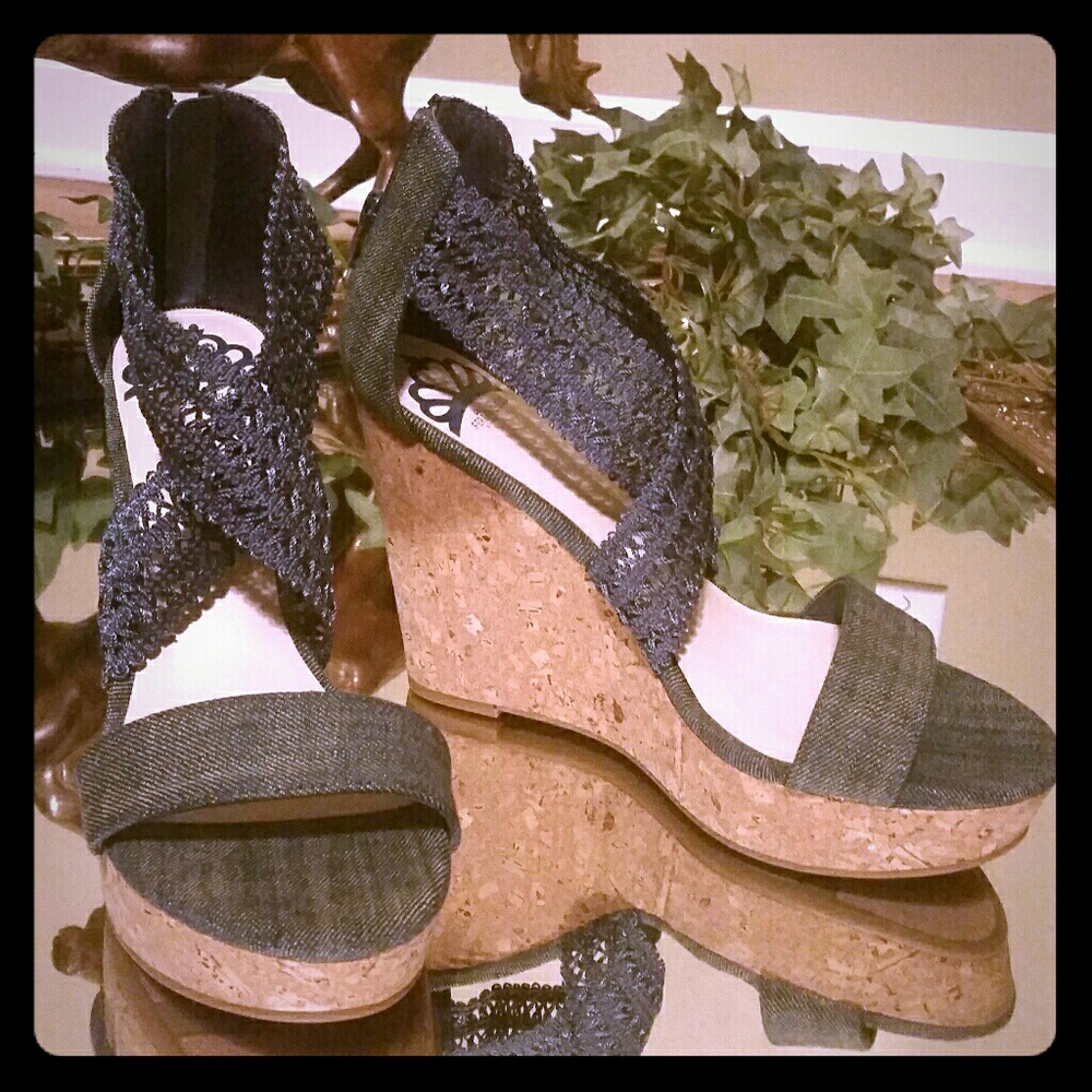 Never Worn Fergalicious Denim and Cork Wedges!