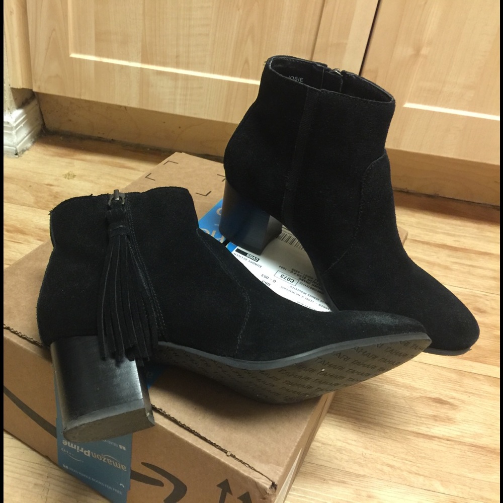 Tahari black suede bootie with tassels