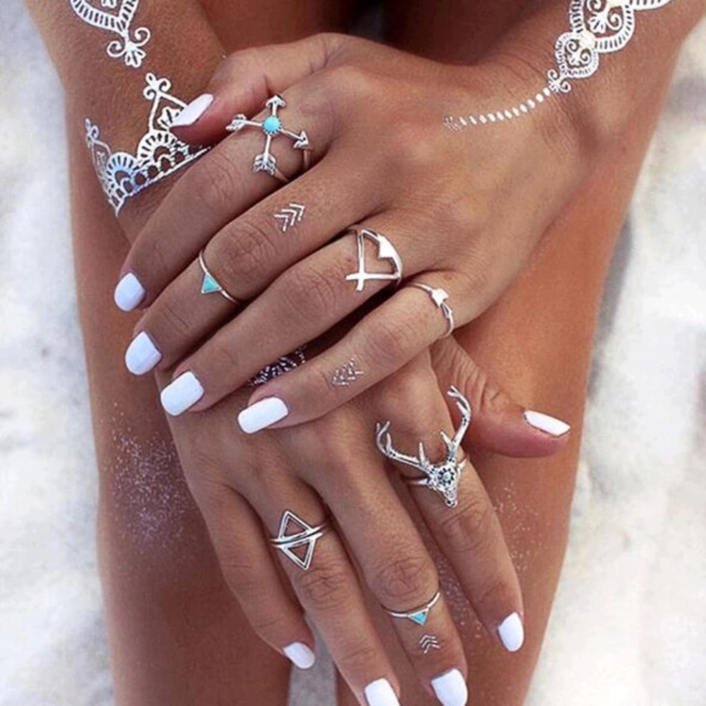 🛍 Silver Boho Turquoise Deer Arrow Midi Rings Set - Picture 1 of 7